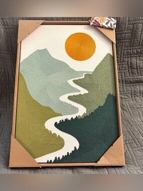Abstract Mountain River Canvas Wall Art — Mustard Sun & Green Tones